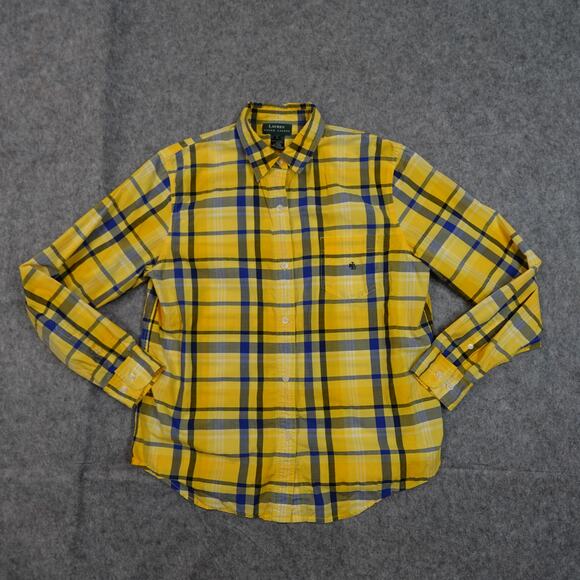 Ralph Lauren Top Womens Large Button Front Plaid Long Sleeve Yellow Preppy - Picture 1 of 8